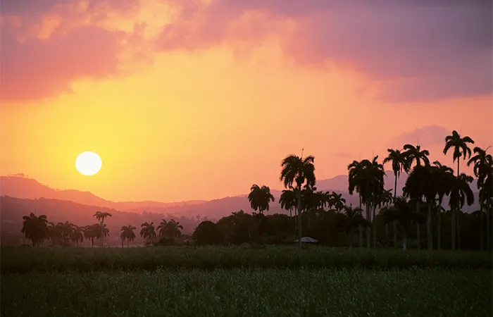 Untergehende Sonne über der Landschaft von Viñales im warmen Orangeton