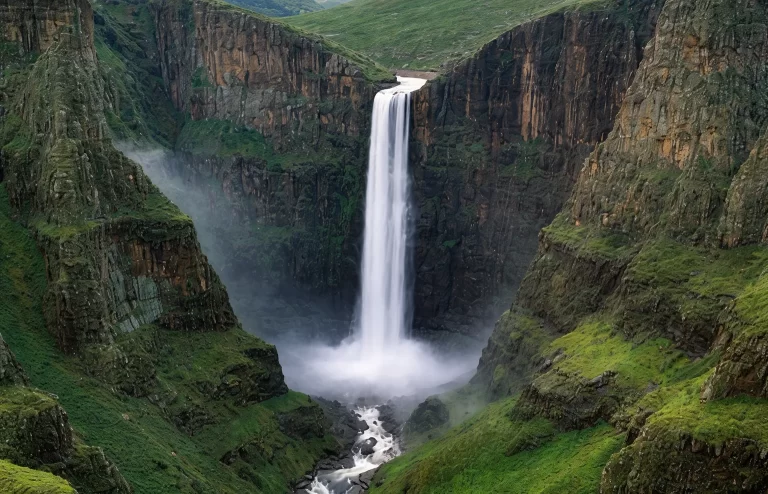Tall waterfall cascading into a green canyon with steep rock walls